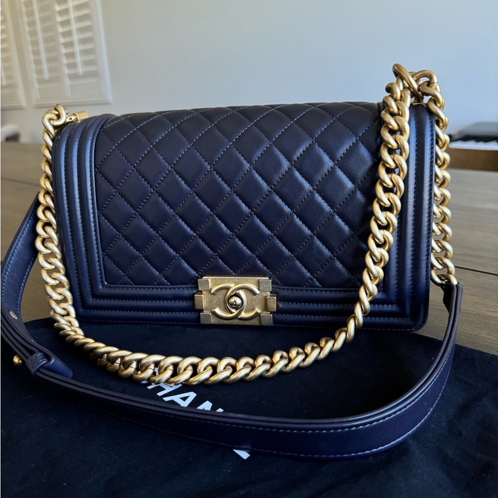 Chanel Medium Quilted Boy Bag in Blackish Dark Purple with Gold Chain